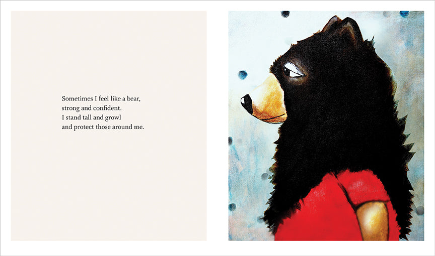  A person stands beside a wall. They are wearing a costume head of a black bear. The fur reaches down their chest and back. Text: Sometimes I feel like a bear, strong and confident. I stand tall and growl and protect those around me. 