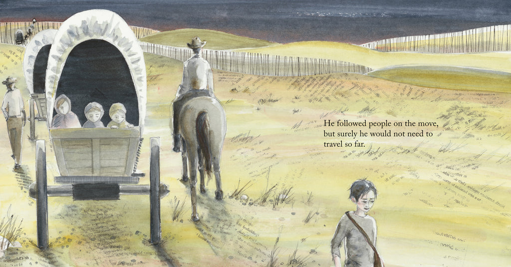  A line of covered wagons extends into the horizon along prairie fields. A woman and two girls sit side-by-side in the closest covered wagon. One person walks alongside, and another rides a horse. The boy walks away from the wagons, a satchel slung over his shoulder. Text: 