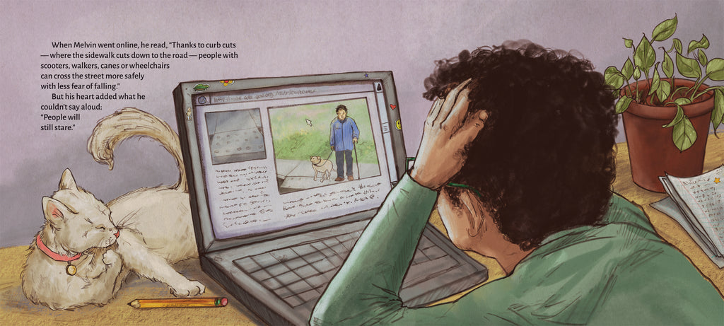  Melvin, a young boy with light skin tone, stares at a laptop in front of him with his head in his hands. A white cat licks its paw behind the computer on the table. On the computer screen, Melvin reads about curb cuts that help people using mobility devices cross the street more safely. 