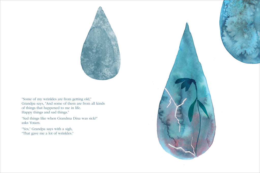  Three large raindrops drip on the page. The closest one has the silhouette of a small, wilted flower inside. The raindrop's surface has small white cracks across it. In the text, Grandpa explains that his wrinkles are caused by happy things and sad things. His grandson asks if he means like when Grandma Dina was sick, and Grandpa sighs yes. 