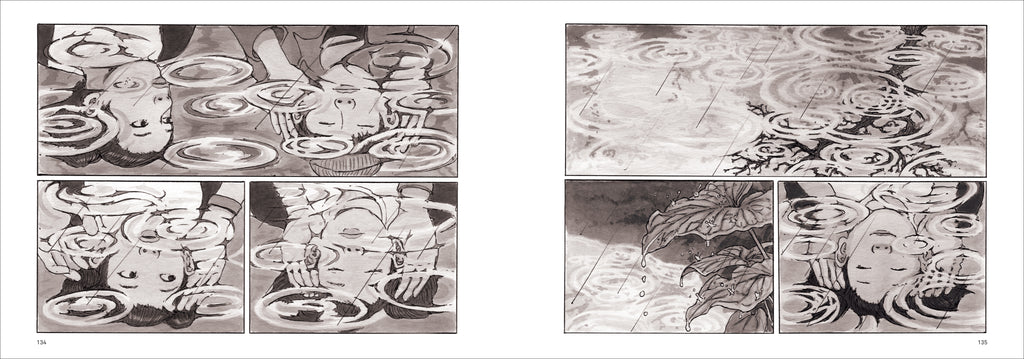  Two pages side by side, broken into panels, show a girl and a boy looking at their reflections in a pond. They cup their ears and close their eyes to hear the sound of raindrops bouncing into the water. 