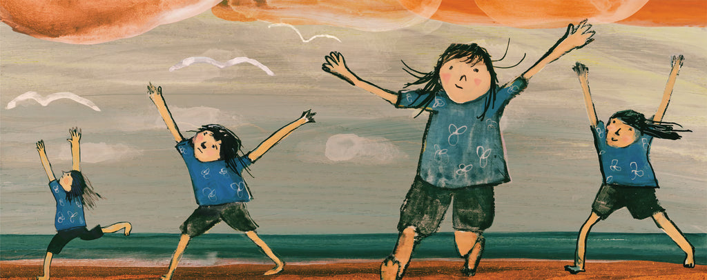  The sky is a blend of purple, blues, and pinks. The child is illustrated four times on this page. They are running around with arms outstretched all over the beach. Three seagulls fly away from the child. 