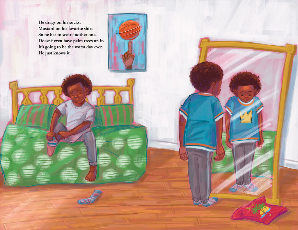  There are two illustrations. In the first, Zeke sits on his bed and puts on his striped socks. The comforter is green, and a photo of a basketball spinning on a finger hangs on the wall behind him. In the second, he stands in front of the mirror in a teal shirt with a crown on it. His eyes are downcast. There is a red shirt with a palm tree graphic and a mustard stain lying on the floor. Text reads he put son his socks and finds mustard on his favorite shirt. Its going to be the worst day ever. 