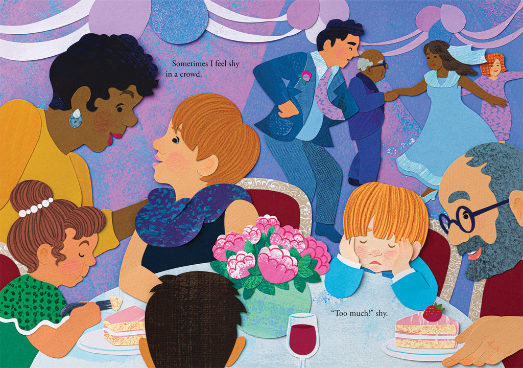  A woman with dark skin tone leans in to speak to the shy child's mother, who sits at a round table. A child with medium-light skin tone and brown hair tied back in a bun eats a slice of cake. Purple and blue decorations fill the background. The shy child holds their face in between their hands and rests their elbows on the table. A man places a slice of cake on the table beside the shy child. Four people in formal wear dance in the background. Text states “Sometimes I feel shy in a crowd. ‘Too much!’ shy”. 