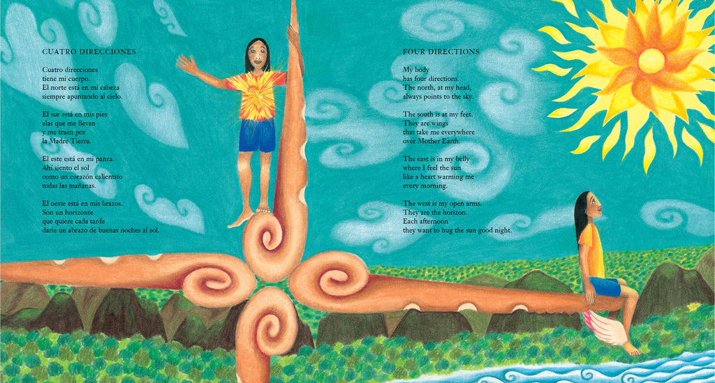  Rocks and trees line a field with a stream. Two people with medium dark skin tone run, a woman chasing a red ball and a man. A third person in colorful robes and a headdress lets blue swirls that fill the air out of their mouth and body. Text: The Wind. Sweet and naughty brother thanks for your songs and the life you give me. You who go around playing in every corner of Mother Earth see if you can find and bring me back the ball that got lost in the ravine. Text is also in Spanish. 