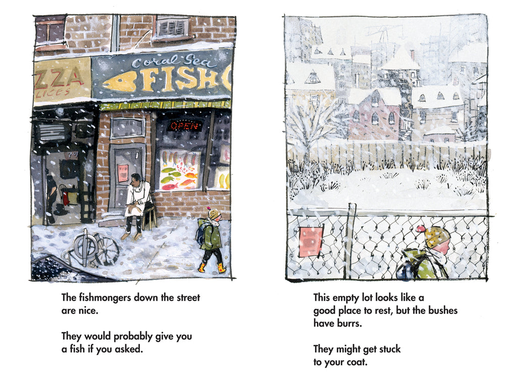  This image is a double page spread. To the left, it is snowing. A man with dark skin tone in a white apron sits on a stool in front of a store called Coral Sea Fish. A child with light skin tone in winter clothes walks past him on the sidewalk. To the right, it is snowing. The child walks past a fenced lot that is covered in snow. Houses and skyscrapers line the background. 