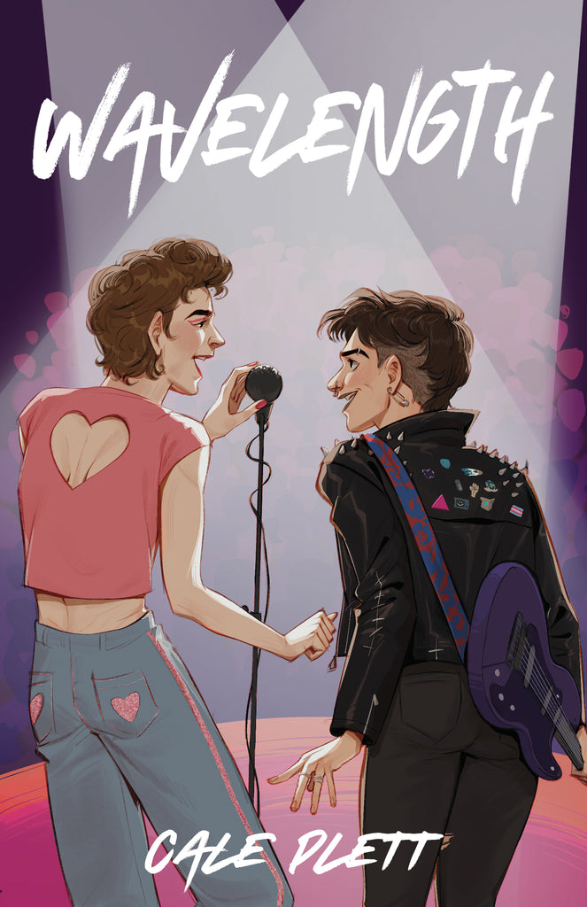  Cover: Wavelength by Cale Plett. When fame and love are on the line, everyone’s hearts are in the mosh pit. Two people, facing away from us, stand on a stage in front of a large crowd looking into each other’s eyes. The person on the left has light skin tone and brown hair. They hold the microphone while they sing. The person on the right has light skin tone and dark brown hair with an undercut. They have a purple guitar slung over their shoulder. 