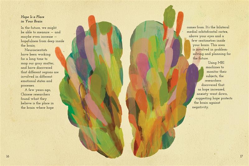  A large colourful brain is in the middle of the image. Text discusses where hope resides in the brain. Different regions of grey matter are involved in different emotional states and processes. Chinese researchers believe hope comes from the bilateral medial orbitofrontal cortex – an area involved in problems solving and future planning. Monitoring subjects using MRI machines, researchers have found that as hope increases, anxiety goes down, suggesting hope protects the brain against negativity. 