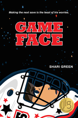  Game Face. By Shari Green. Making the next save is the least of his worries. A boy with medium-pale skin tone and brown hair looks up at the night sky full of stars. He is wearing a white hockey goalie helmet with a pattern of black and red stars. 