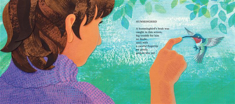  A girl with medium-pale skin tone, brown hair and a purple sweater stands at a window screen, using a finger to push a trapped hummingbird's beak out of the screen. The poem 