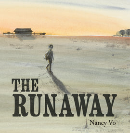 Cover: The Runaway. By Nancy Vo. A small boy walks across a gray field toward us, his shadow lengthening in front of him. A barn with a fenced paddock and a cluster of trees sits on the horizon, under a pale orange sky. 