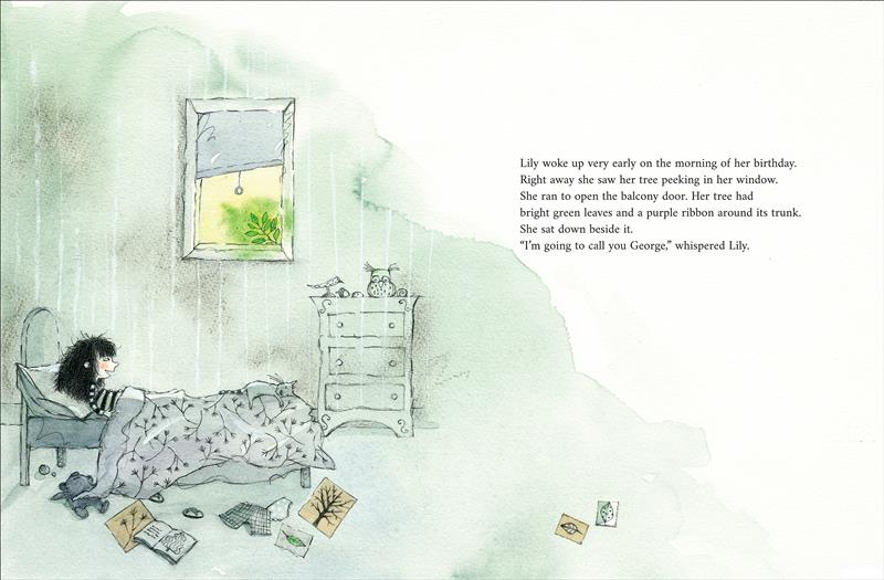  Lily lies in her bed on the morning of her birthday, looking at a green branch peeking through her window. The text describes Lily rushing to find the tree on her balcony. She decides to name him George. 