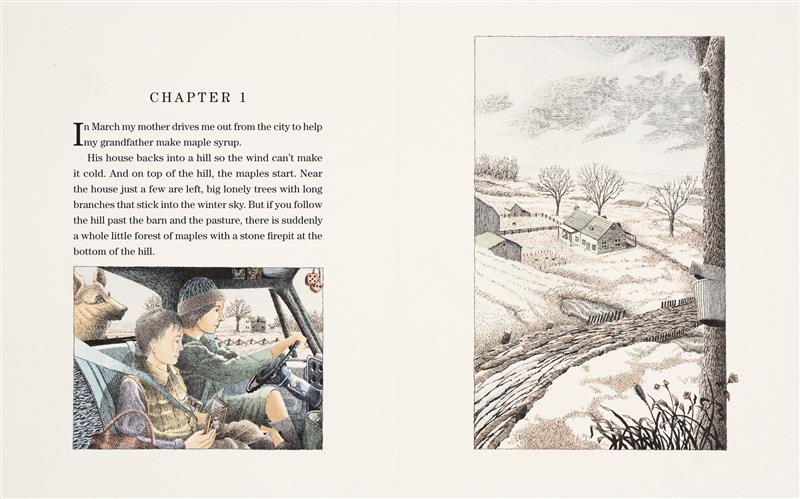  On the left is Chapter 1 with text stating a girl and her mom drove out from the city to help the grandfather make maple syrup then describes his farm. Below it is an image of a young girl, the narrator, next to her mother on the bench seat of a single cab truck. They both have light skin tone and dark hair. A dog sits in the box of the truck and looks in through the back window. On the right is a bird’s eye view of a farm in winter. A dirt road and a maple tree with a bucket tap is in the foreground. 
