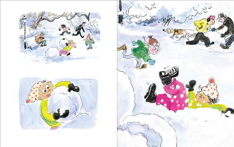  This page has two panels. On the top panel we see a child lifting the smaller snowball onto the larger one. In the background is a child watching this and others around them. In the bottom panel, we see a close-up of the child trying to set the snowball on top with an alarmed look on their face. On the next page, they have let go of the snowball and fall backwards into the fluffy snow. The second child runs towards them with a concerned look on their face. More people are seen in the background. 