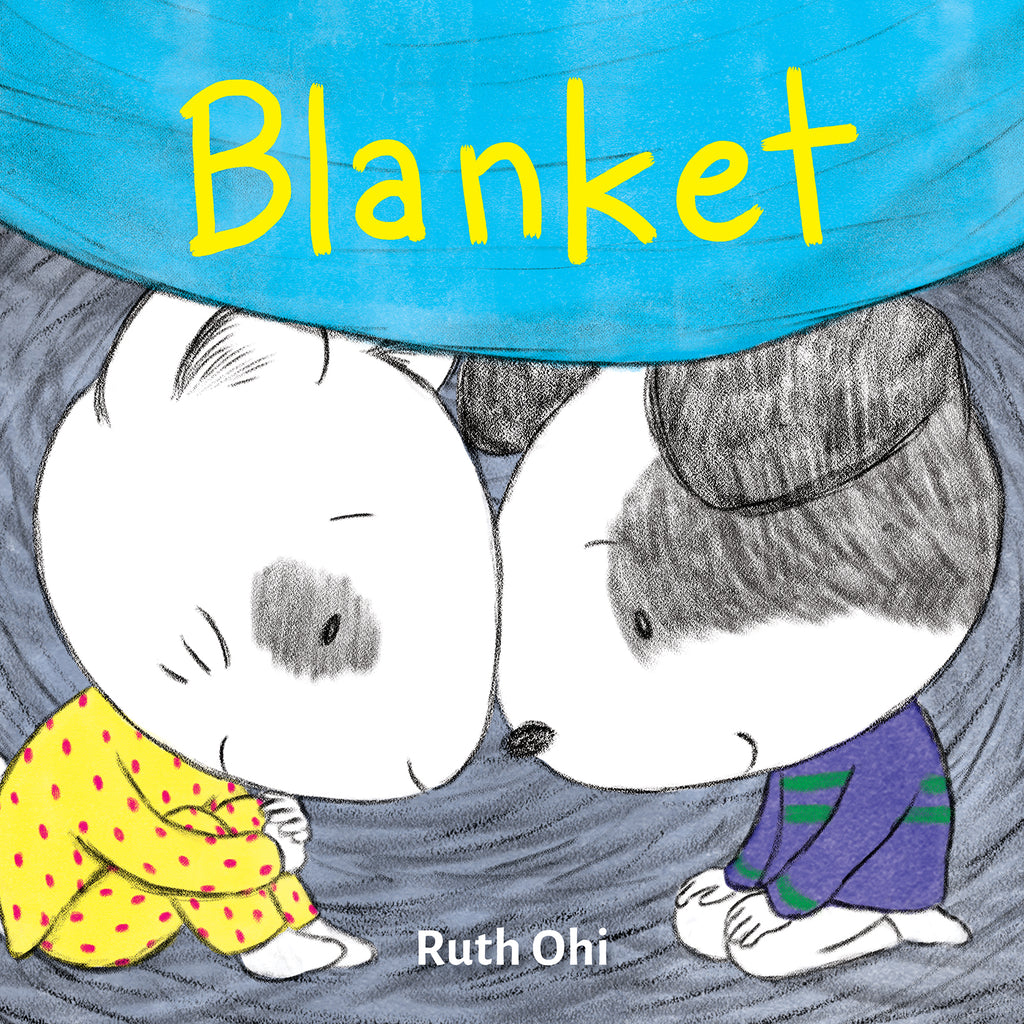  Cover: Blanket by Ruth Ohi. A white cat with grey fur around each eye is named Cat. Cat wears a pajama shirt and pants that are yellow with red polka dots. Cat sits and holds their knees to their chest under a blue blanket. Across from Cat sits a white dog with grey fur around the eyes and floppy ears. Their name is Dog. They wear a blue sweater with green stripes and white pants. Dog rests their hands on their knees and touches their forehead to Cat’s. They both smile. 