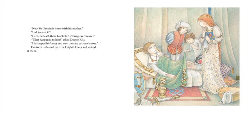  Inside a space surrounded by white curtains is a small bed on a rug. Around are a sword, a gold cup, a shield, armor, and a bowl with water and a rag. A boy with light skin tone is on the bed under a blanket. A man, woman, and girl with light skin tone are beside the bed. The man and woman are in historical English clothing. The girl is in a nightgown. The text says the person in bed is a knight and is growing weaker. He scraped his knees and they are sore. Doctor Kiss looks at his knees. 