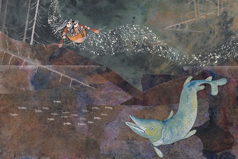  It is nighttime. From underneath crystal clear water there is a large fish, and a school of small fish. Above the water are two people in a canoe. They appear to ride on the small white dots of a wave. Bare trees line the shore and some dip into the water. 