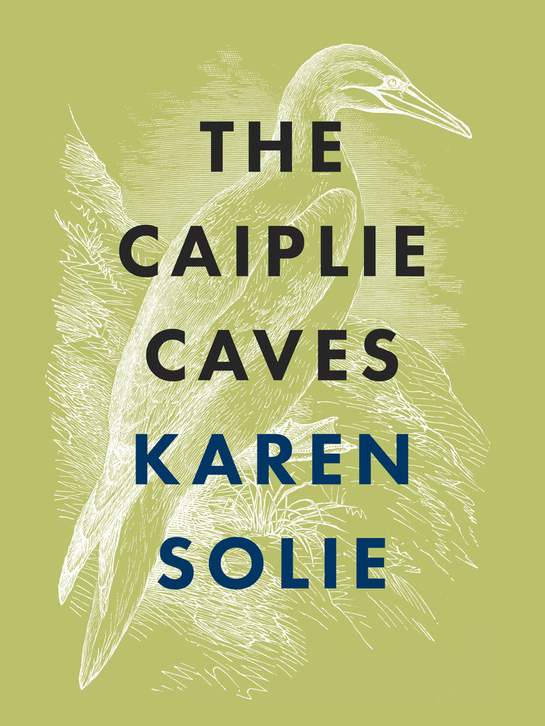  A drawing of a bird is in white against a green background. The bird has slender wings and stands in short grass. Text: The Caiplie Caves. Karen Solie. 