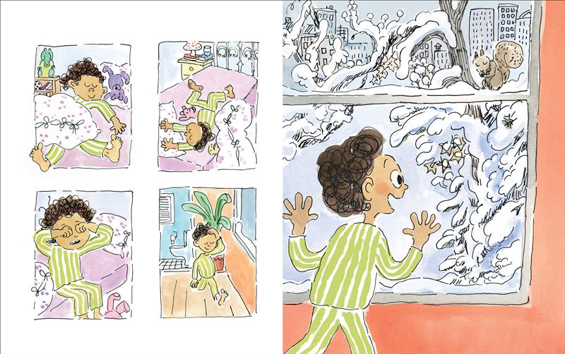  The left page has four panels. A child with medium skin tone and short curl brown hair, peacefully sleeping in their green-and-white striped pajamas is seen rolling out of bed, rubbing their eyes, and walking through a hallway with wooden floors, eyes closed and scratching their head with one hand. They have a fluffy white blanket with pink polka dots, and a matching pillow that also holds a purple teddy bear. On the right, the child stands in front of the window to watch the snow blanket the city. 