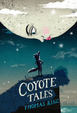  Cover: Coyote Tales by Thomas King. A coyote stands up with his arms on his hips and looks up at the moon. The moon looks down on the coyote neutrally. It has pink lipstick and blush. 
