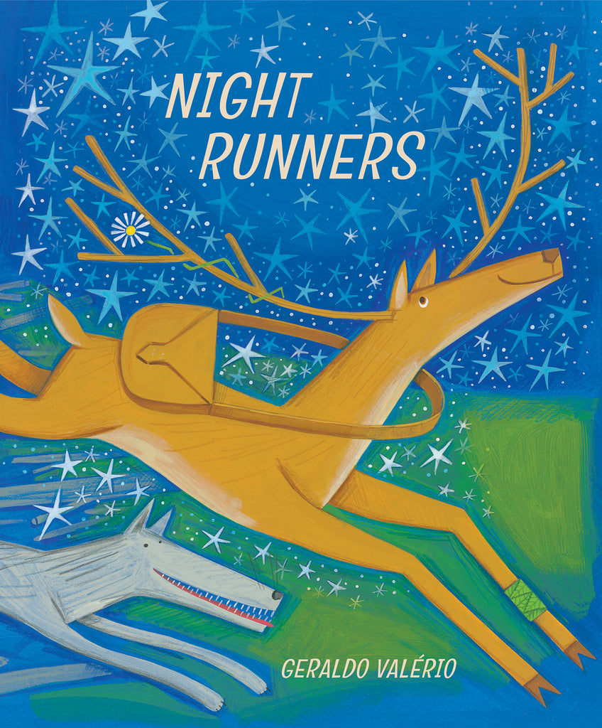  Cover: Night Runners by Geraldo Valério. These illustrations were done in acrylic paint and colour pencil on watercolour paper. A brown stag leaps across the image, surrounded by silver stars. A grey wolf leaps just underneath him. The stag has tall slender antlers. He carries a brown bag around his neck that rests on his back. A small section of his front left arm is wrapped in a green bandage. A thin green stem curls around one of his antlers, and it has a white flower on the end. 