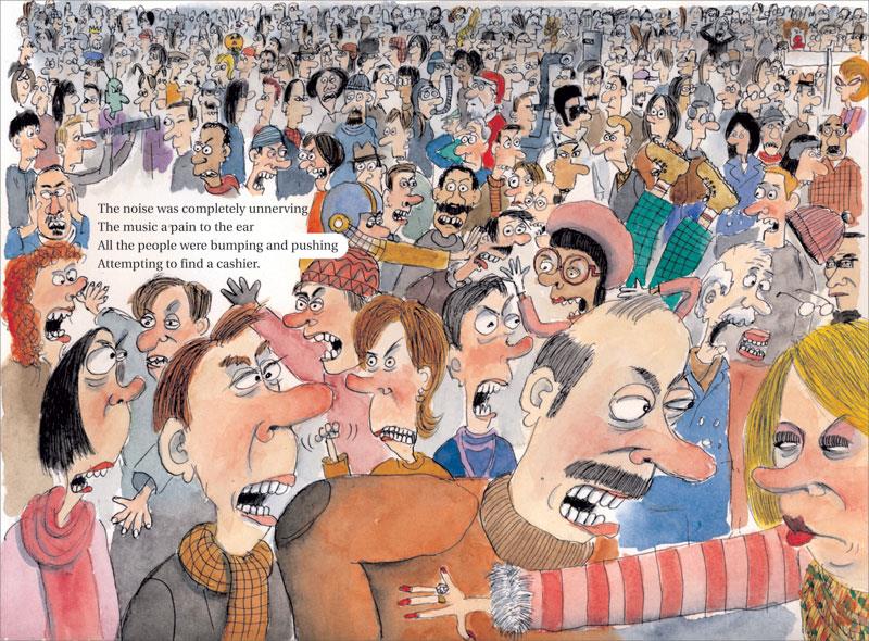  Hundreds of people are crowded together. Many have their mouths open and their brows furrowed. Some people raise their fists and others raise their arms. Text: The noise was completely unnerving the music a pain to the ear all the people were bumping and pushing attempting to find a cashier. 