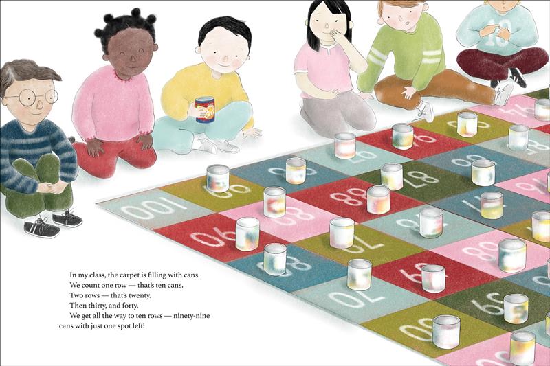  Children of various skin tones in colourful sweaters and pants sit in a row along the edge of a colorful checkered carpet. The last child is cut off above the nose and is counting with their fingers. Each square has a number on it and a can sitting within the square. The only empty square is labelled one hundred. The child sits in the middle of the row of children, holding the can of Zoodelicious. Text states the carpet is filling with cans, the only spot left is a hundred 