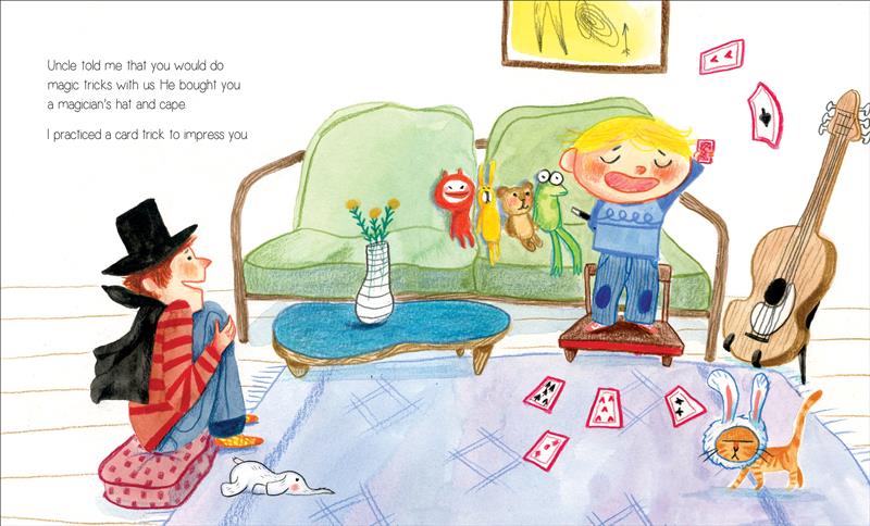  A small blond child with light skin tone stands on a tiny chair, holding a playing card in one hand and a magic wand in the other. He wears a blue shirt and pants. Four cards lie on the ground below him. To the left, a young man wearing a black top hat and cape over a red shirt and blue jeans sits on a cushion and watches, smiling.Text: Uncle told me that you would do magic tricks with us. He bought you a magician’s hat and cape. I practiced a card trick to impress you. 