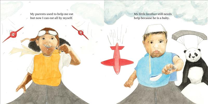  There are two pictures of Feven and her brother eating, each of their bibs transform into a runway extending toward the bottom of the page. Two red planes fly forward on either side of her and one beside him. Feven, wears an old-fashioned pilot’s helmet, and holds a spoon to her mouth. Feven’s brother holds a spoon upside-down while a bowl of spaghetti sits overturned on his head. A parachuting panda drifts beside him. Text states Feven can eat all by herself but her brother still needs help as a baby. 