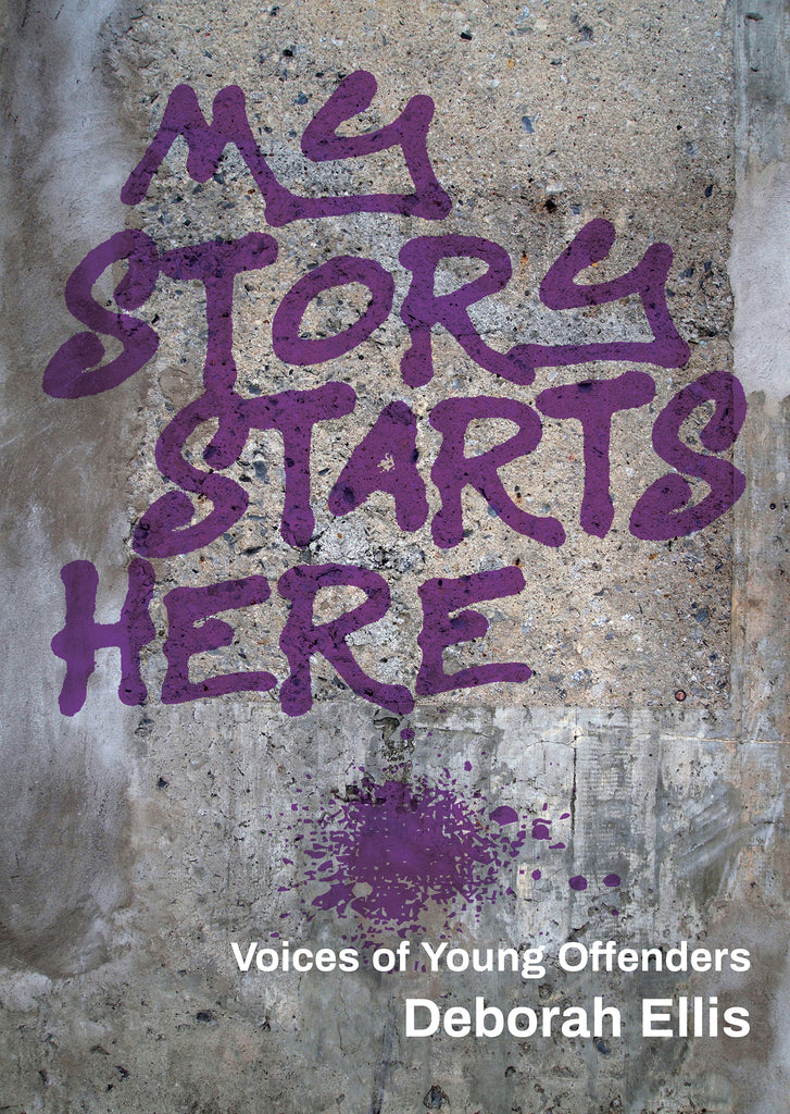  The background resembles a concrete wall. The title is made to look like it is spray painted on the wall in purple paint. Text: My Story Starts Here. Voices of Young Offenders. Deborah Ellis. 