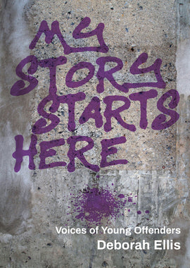  The background resembles a concrete wall. The title is made to look like it is spray painted on the wall in purple paint. Text: My Story Starts Here. Voices of Young Offenders. Deborah Ellis. 