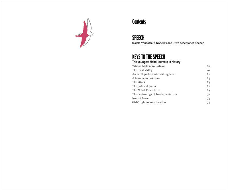  The image is split in two. On the left, there is a drawing of a pink bird in flight with a white shadow. On the right, there is the table of contents, noting page numbers for Malala Yousafzai’s Nobel Peace Prize acceptance speech, as well as a breakdown of the different parts of the speech analysis that follows, including sections like “Who Is Malala Yousafzai?”, “The Swat Valley,” “Non-violence” and “Girls’ right to an education.” 