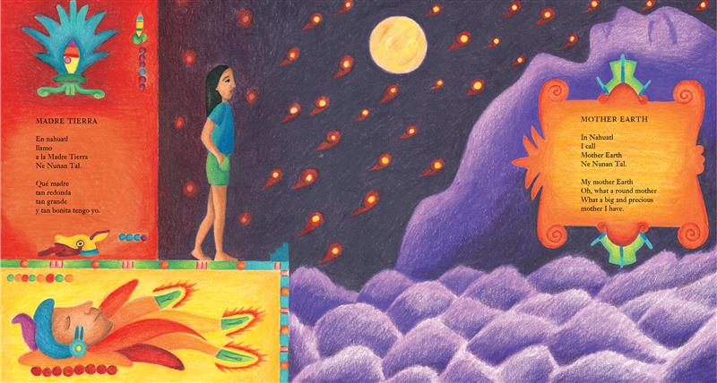  The sky is dark and has red pieces with yellow dots in the center. The moon is in the sky. A person with medium skin tone stands on a ledge. On the ledge is a face wearing a headdress of feathers with many colours. A mountain across from the ledge is purple and has a female face on top facing the sky. Below are many purple mountain tops. Text: Mother Earth. In Nahuatl I call Mother Earth Ne Nunan Tal. My mother Earth oh, what a round mother What a big and precious mother I have. Text is also in Spanish. 