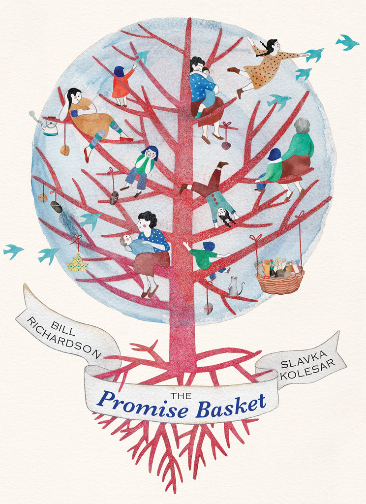  A red tree and its roots are on display. It has no leaves. In the branches are people with light skin tone of different sizes and ages. Small things hang from red string on the branches. Blue birds fly by. The moon is giant and grey behind the tree. A banner wraps across the roots with the title and the author and illustrator’s names. Text: The Promise Basket. Bill Richardson. Slavka Kolesar. 