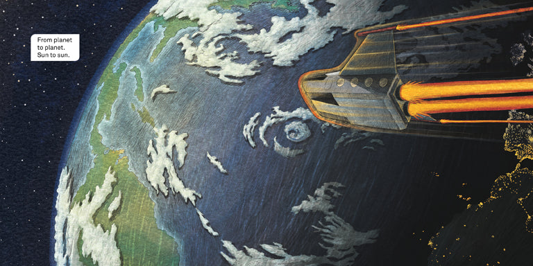  An up-close view of the planet Earth from space. Clouds swirl across the Earth. A continent is lit from the lights of cities. A large rocket ship flies past the Earth. Stars are in space in the distance behind Earth. Text: From planet to planet. Sun to sun. 