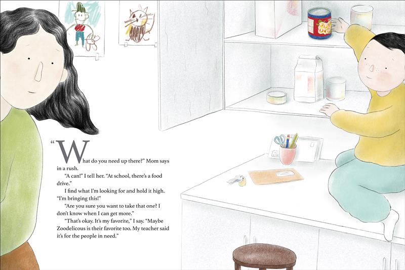  Half of the mother’s body is in frame. Two children’s drawings are taped to the wall behind her. One is a stick-figure with a black hat beside a cat. The second is of a brown cat. The child sits on the counter and reaches for a can of Zoodelicious inside the open cabinet. Only a few other items are inside. Envelopes, keys, and a cup of pens are on the counter. Text states the child wants to take the only one of his favorite can to a food drive even after his mom says she doesn’t know when she can get more. 
