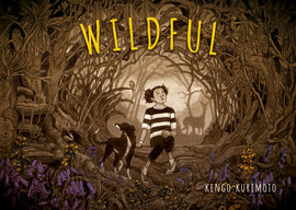  Wildful. Kengo Kurimoto. A young girl sits on a fallen log in the woods, with a black dog beside her. Branches and vines tangle together to form a canopy over their heads, and the silhouette of a deer is visible behind them. The girl has light skin tone, black hair in pigtails, and wears a striped shirt and black pants. 