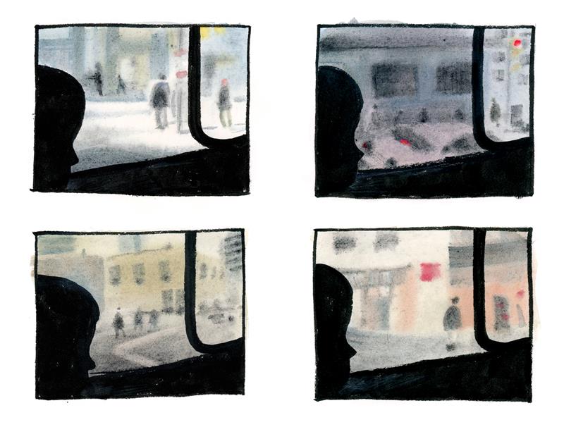  This image has four square panels. Each panel shows the silhouette of a person. The person and their immediate vicinity are shaded black. Outside a window to the left of this person are scenes of city streets. The scene in panel one shows a street corner with two people, panel two shows a car at a street-light, panel three shows people walking down a street lined with buildings, and panel four shows a person walking down a sidewalk. 