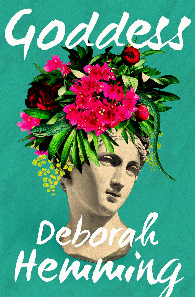  Cover: Goddess by Deborah Hemming. The bust of a Greek statue gazes off to the side. The top of her head is overlaid with a headpiece made up of leaves and flowers in bright pinks, reds, and greens, with a green snake in the midst of it all. The background is a textured teal green. 