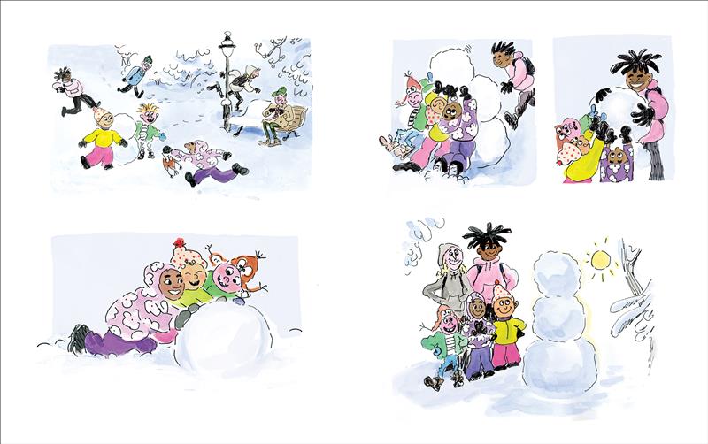  This page is split into two panels. In the top panel, a child in a purple jacket runs the hat back to the other two standing next to the stacked snowballs. In the bottom panel, the children smile as they roll a snowball together. The next page has three panels. The first shows the children lifting the third snowball onto the top of the stack. In the next panel, a teen helps the children place the third snowball on the top of the stack. In the third panel, the children and teens look proudly at the snowman. 