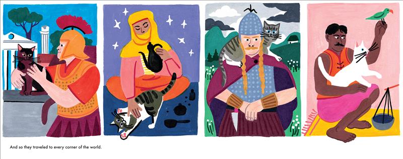  There are four panels with people from different historical eras with cats. In the first is a roman soldier holding a brown-and-black cat. In the next, a woman in a yellow head and face covering strokes the belly of her gray-and-white striped cat. In the third, a man with two blonde braids under his silver helmet has a gray striped cat on his shoulders. Lastly, a man in an orange vest with a red dot on his forehead holds a white cat. Text: And so they traveled to every corner of the world. 
