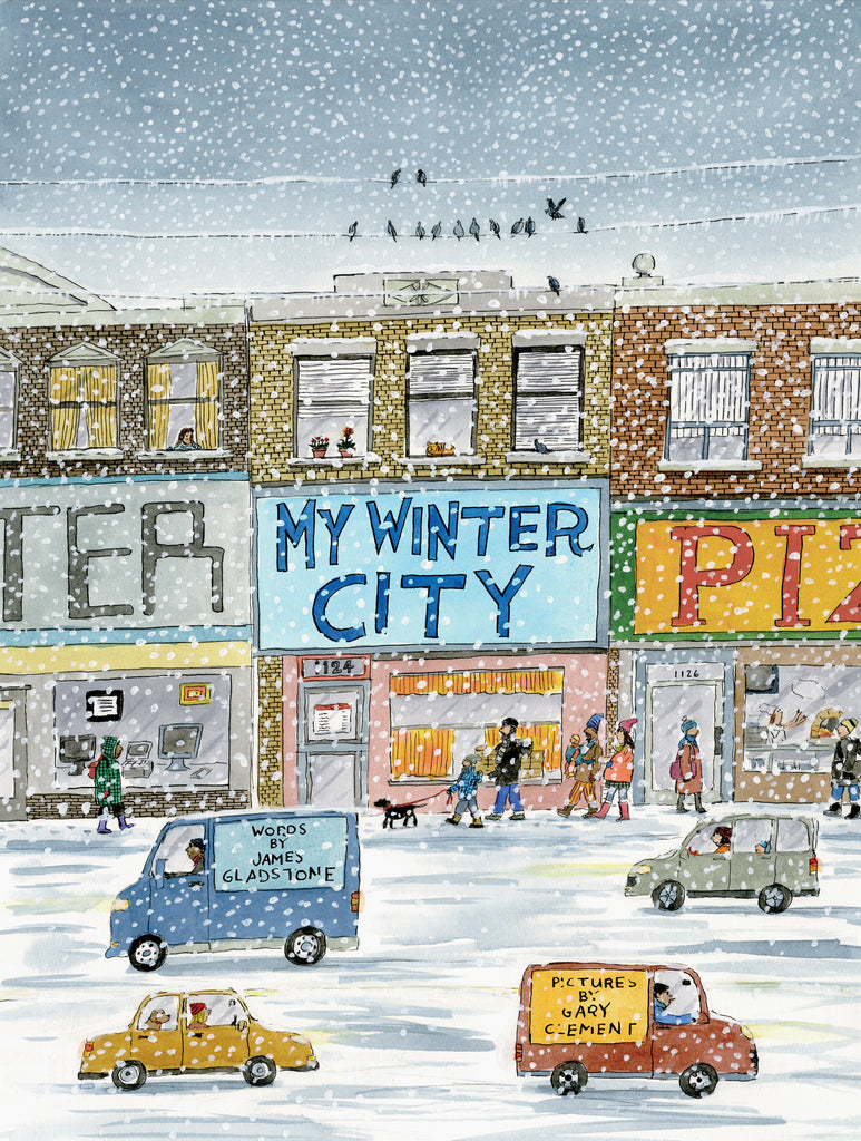  It is snowing on a busy city street. Shops line the street with single story apartments above them. The title of the book is shown as a shop’s sign. People walk along the sidewalk in winter clothes. Cars and trucks drive on the snowy road. The author and illustrator’s names are shown on the sides of trucks. Text: My Winter City. Words by James Gladstone. Pictures by Gary Clement. 