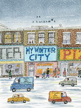  It is snowing on a busy city street. Shops line the street with single story apartments above them. The title of the book is shown as a shop’s sign. People walk along the sidewalk in winter clothes. Cars and trucks drive on the snowy road. The author and illustrator’s names are shown on the sides of trucks. Text: My Winter City. Words by James Gladstone. Pictures by Gary Clement. 