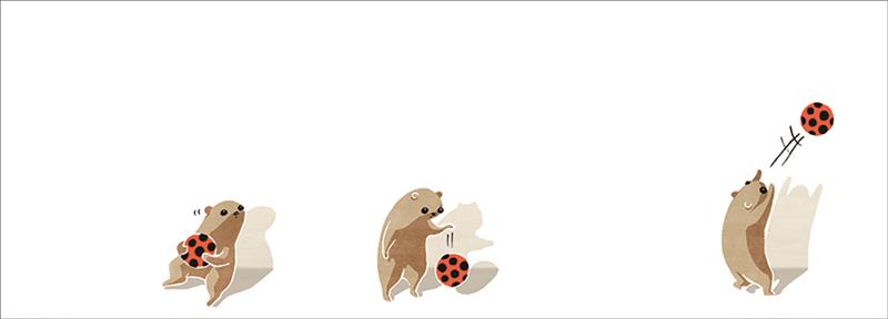  This image is a series of three scenes with a small brown animal. In the first scene the animal is holding a red ball with black dots. It looks to one side. In the second scene it bounces the ball on the ground with one hand. In the third scene it throws the ball up and away from itself with both hands. 
