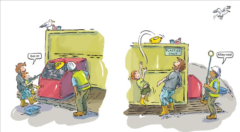  There are two scenes shown. In the first, Teddy holds onto the end of the grabber tool, while his dad holds him in his arms. They stand facing the large red bin with Gord, a wrker, beside them. Teddy grabs the handle of a large yellow jug out of the bin of tin cans. Teddy’s small blue bin sits empty at their feet. A seagull watches from above. In the next scene, Teddy throws a yellow jug into a large bin labelled PLASTICS ONLY while his dad watches. Gord stands beside them, holding the grabber tool. 