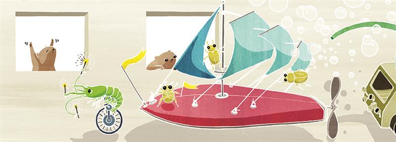  A small brown animal stands a square window with its hands up. In a second window it looks out while leaning on the windowsill. In front of the windows are a parade of vehicles. First is a shrimp riding a unicycle. It has three sparklers in its antenna. Second are three beetles on a boat. The boat is floating above the ground. Behind the boat is the front of a car. Bubbles float through the air. 