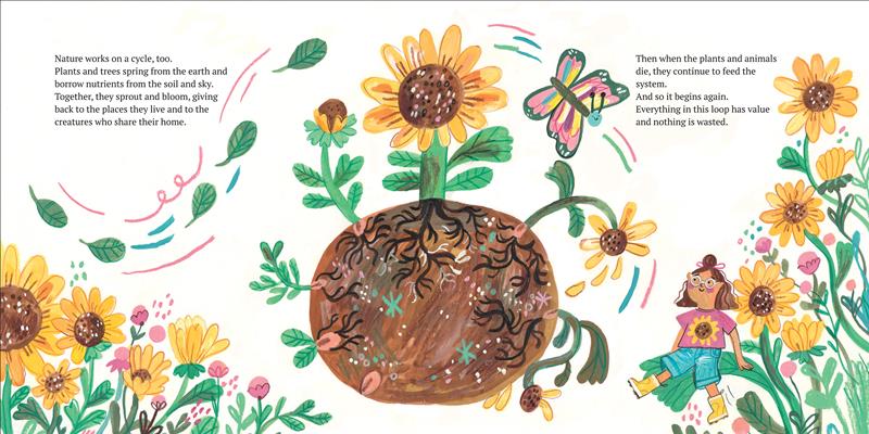  Leaves swirl up to the top around a brown sphere, on which a sunflower is shown in stages of growth, from beginning leaves to full flower to wilting, with its petals falling off, its roots tunneling through the soil. Yellow sunflowers and smaller pink flowers are clustered in the bottom left corner of the page. A girl with a sunflower T-shirt watches a butterfly soar between the flowers as she sits on the leaf of a large sunflower, more flowers behind her. Text states how nature works in a cycle. 