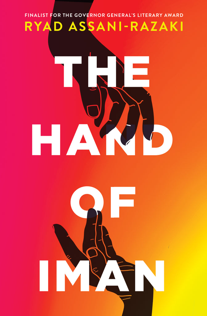  Cover: The Hand of Iman by Ryad Assani-Razaki. The title appears in large white text against an orange-yellow gradient background that evokes a sunset. Two silhouetted hands appear, one at the top reaching down, the other at the bottom reaching up. The author's name appears at the bottom in yellow text. 