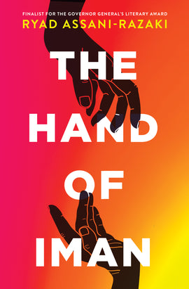  Cover: The Hand of Iman by Ryad Assani-Razaki. The title appears in large white text against an orange-yellow gradient background that evokes a sunset. Two silhouetted hands appear, one at the top reaching down, the other at the bottom reaching up. The author's name appears at the bottom in yellow text. 