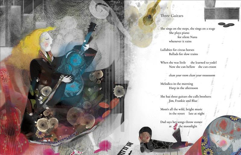  A woman plays the guitar and sings, while a child lies on the floor, in front of a keyboard, listening. The woman has light skin tone and long blonde hair. She wears a black dress and pink slippers. The child has medium skin tone and black hair. A detail in the corner shows the bent head of an old woman with light skin tone and gray hair in a bun. Text: The poem “Three Guitars” begins with the words: “She sings on the steps; she sings on a stage” as a child describes their musical mother. 